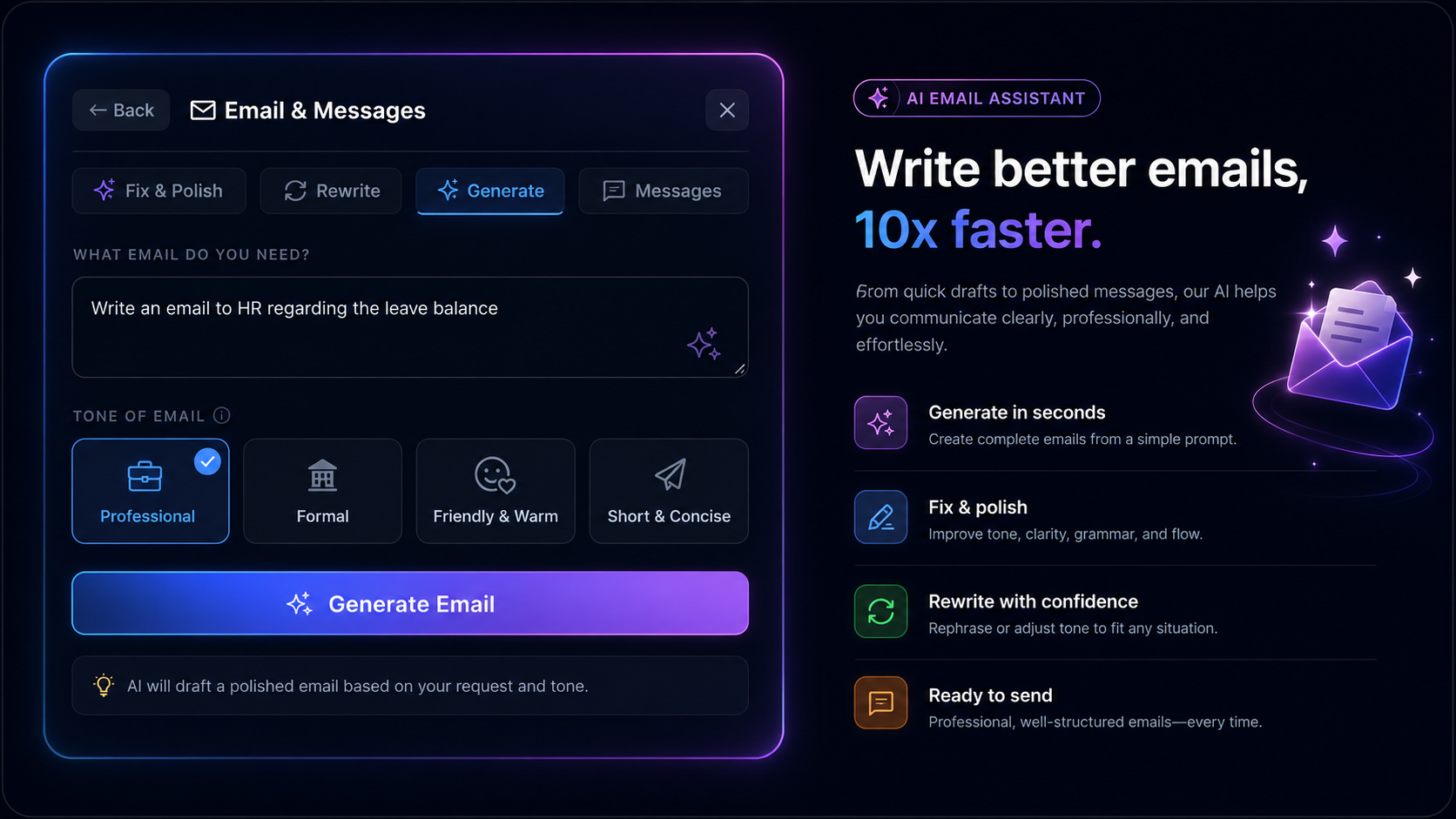 AI email and messages card